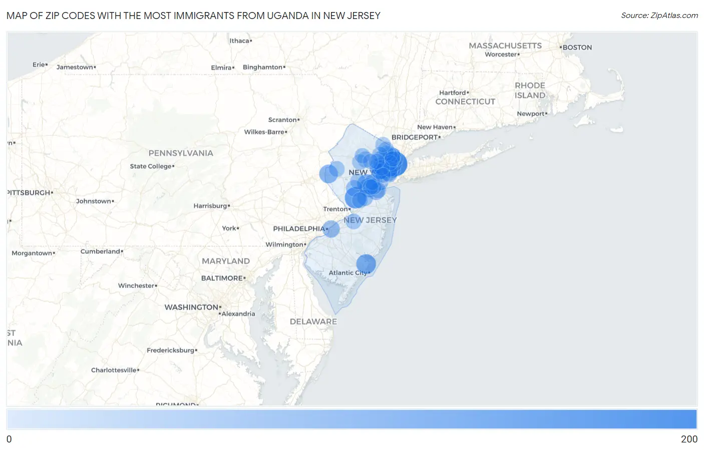 Zip Codes with the Most Immigrants from Uganda in New Jersey Map