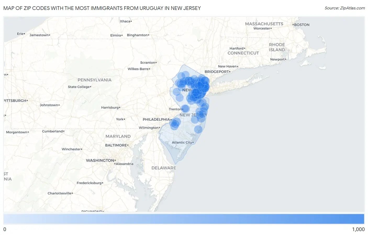 Zip Codes with the Most Immigrants from Uruguay in New Jersey Map