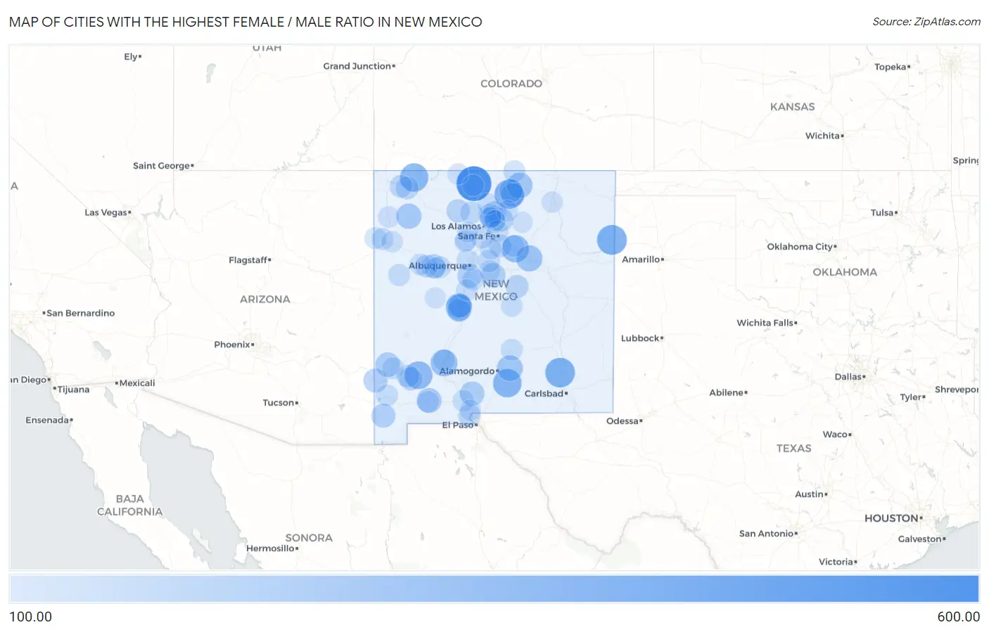 Cities with the Highest Female / Male Ratio in New Mexico Map