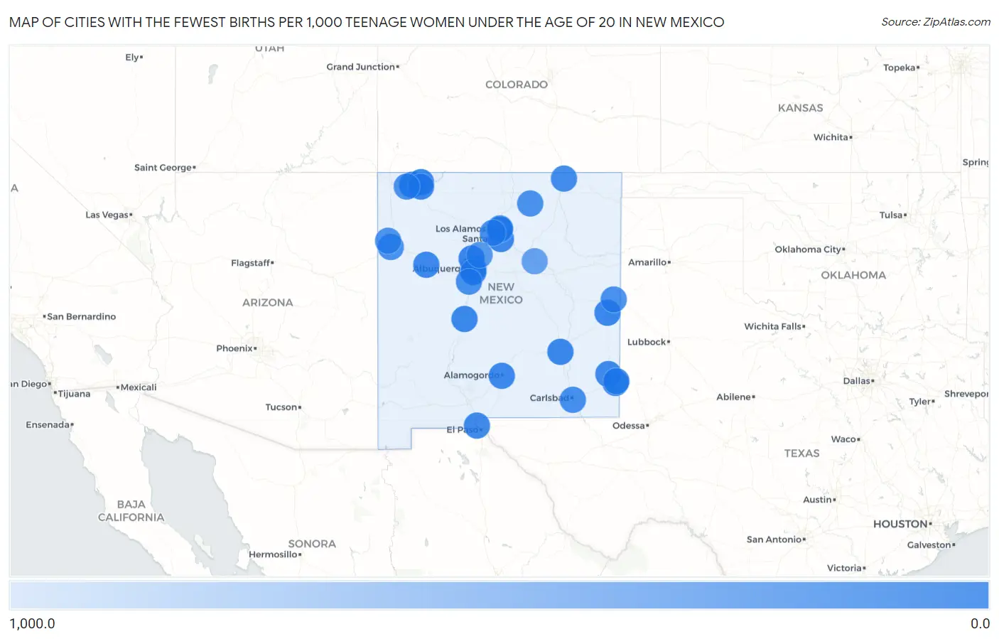 Cities with the Fewest Births per 1,000 Teenage Women Under the Age of 20 in New Mexico Map