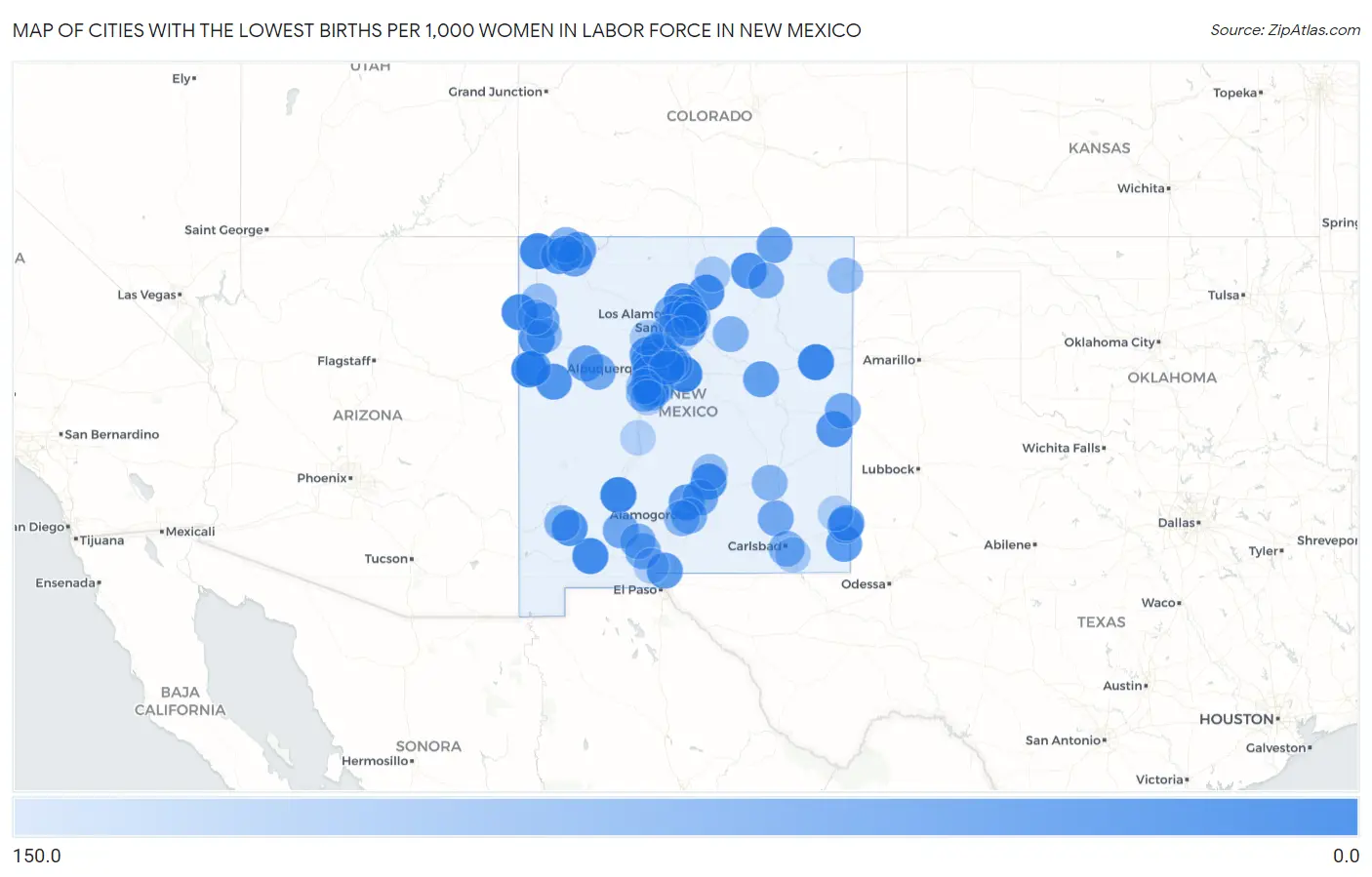 Cities with the Lowest Births per 1,000 Women in Labor Force in New Mexico Map