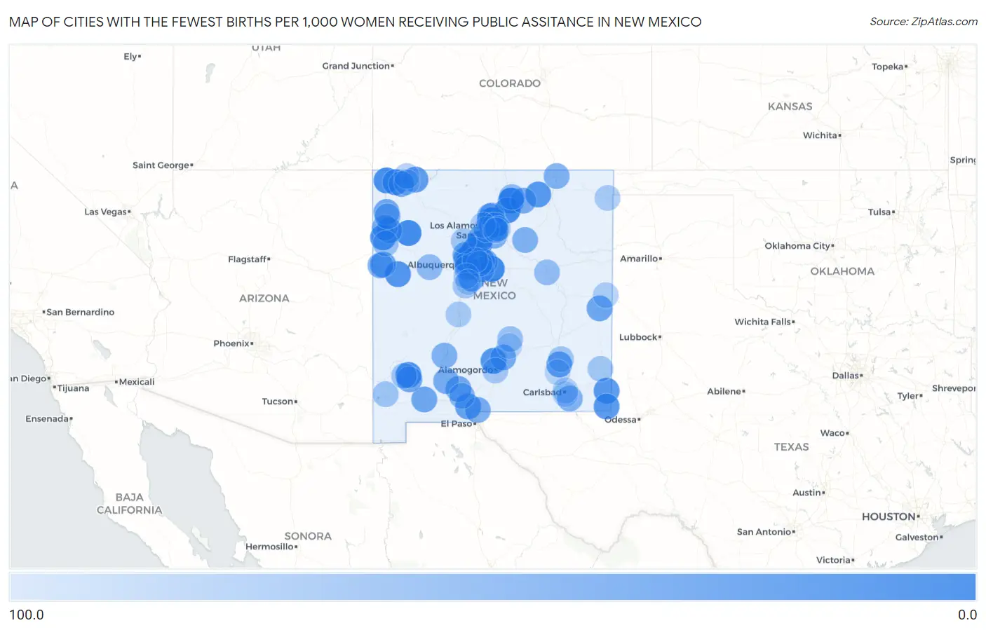 Cities with the Fewest Births per 1,000 Women Receiving Public Assitance in New Mexico Map