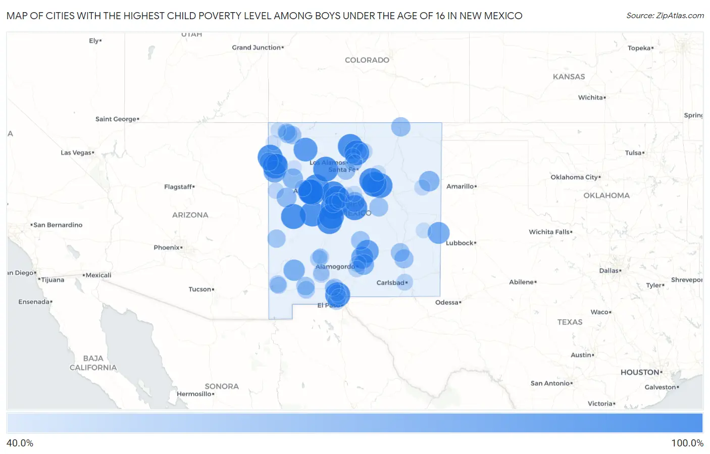 Cities with the Highest Child Poverty Level Among Boys Under the Age of 16 in New Mexico Map
