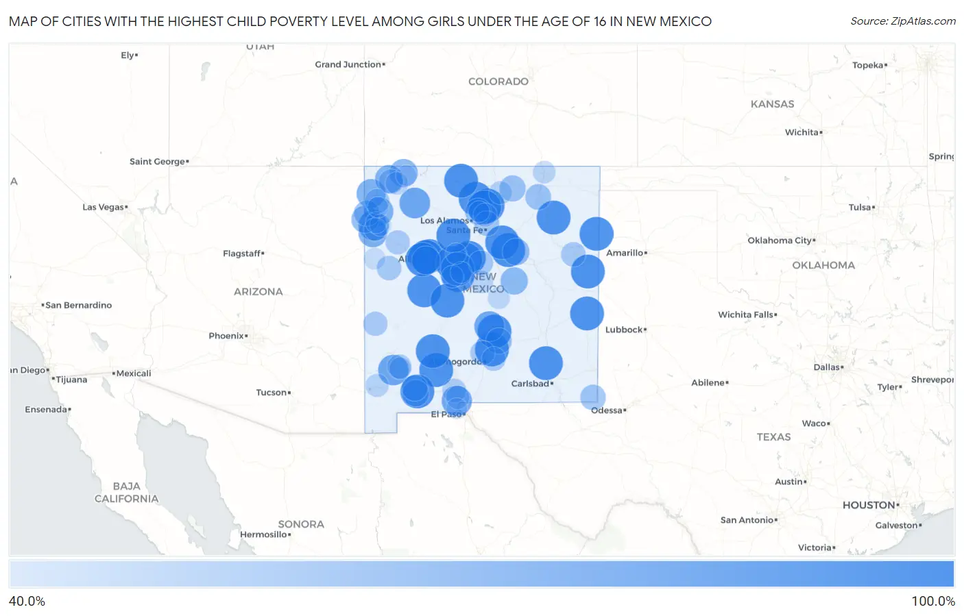 Cities with the Highest Child Poverty Level Among Girls Under the Age of 16 in New Mexico Map