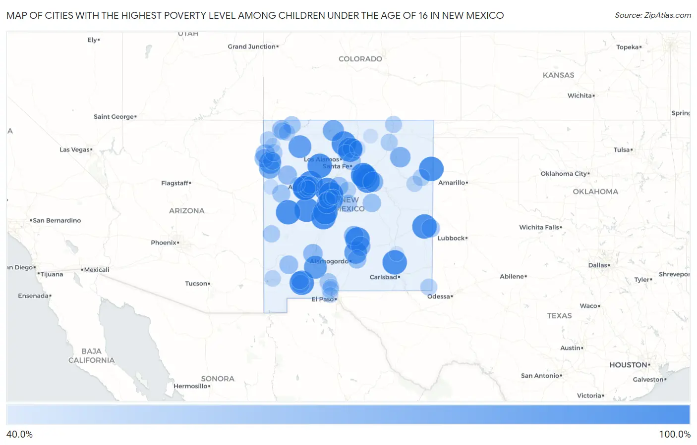 Cities with the Highest Poverty Level Among Children Under the Age of 16 in New Mexico Map