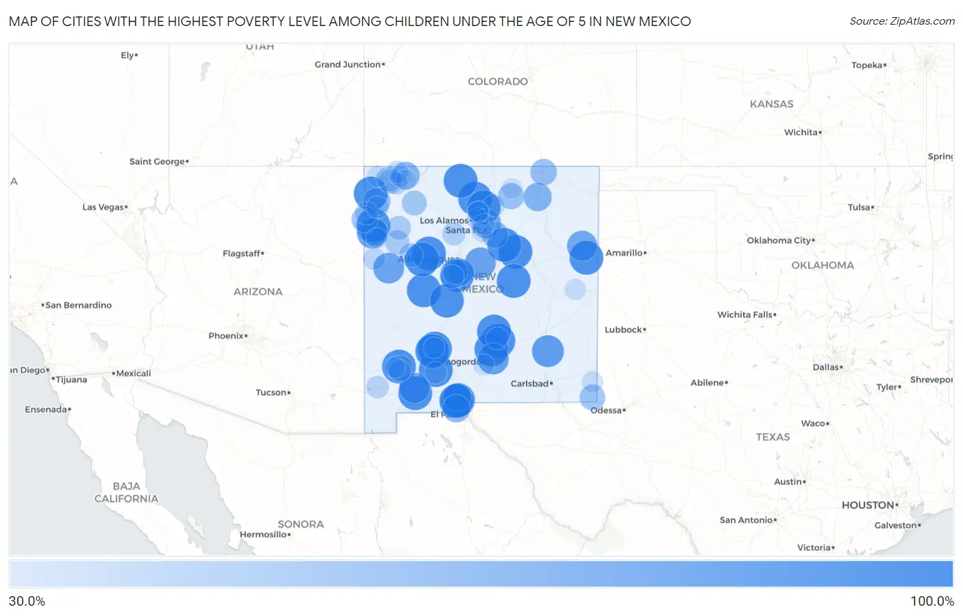 Cities with the Highest Poverty Level Among Children Under the Age of 5 in New Mexico Map