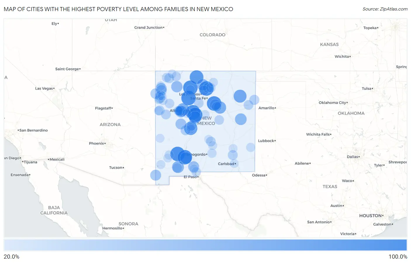 Cities with the Highest Poverty Level Among Families in New Mexico Map