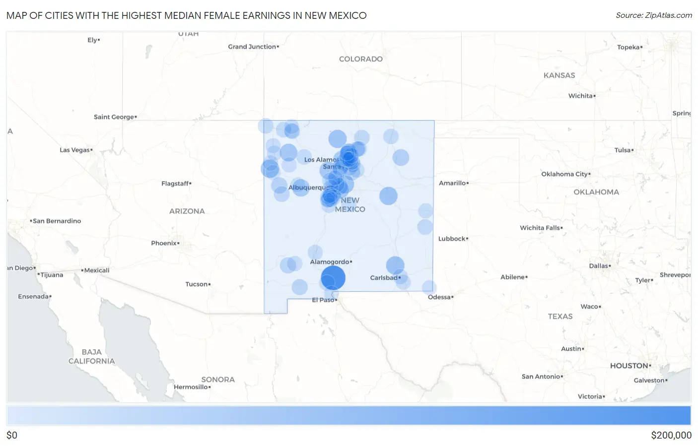 Cities with the Highest Median Female Earnings in New Mexico Map