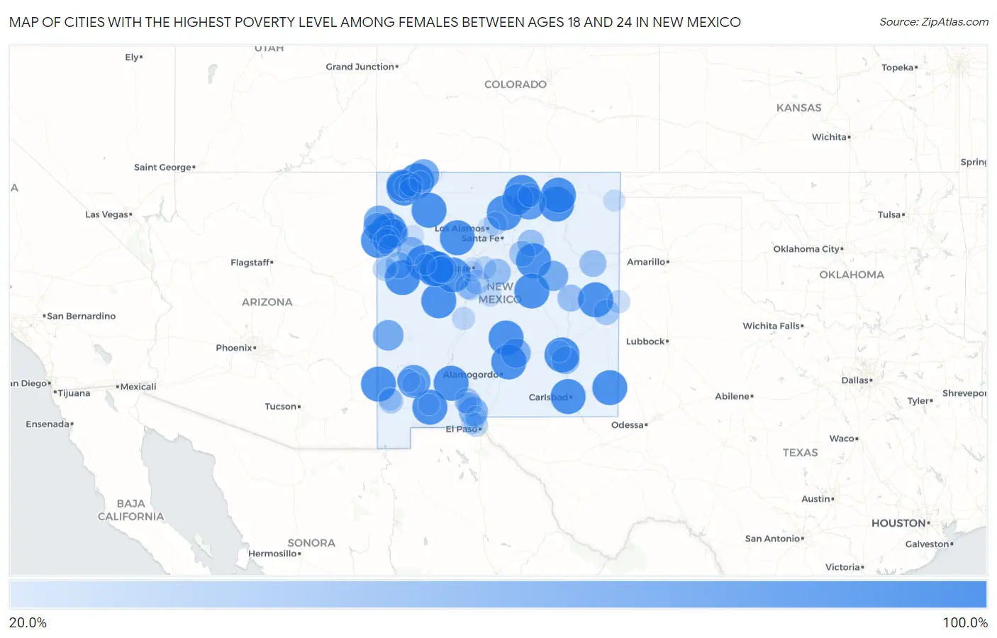 Cities with the Highest Poverty Level Among Females Between Ages 18 and 24 in New Mexico Map