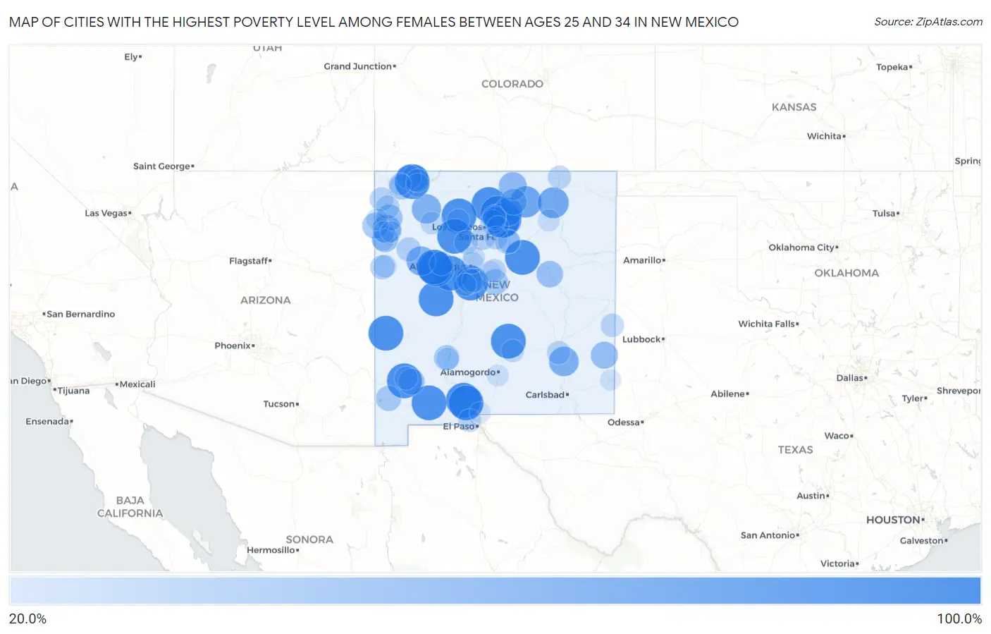 Cities with the Highest Poverty Level Among Females Between Ages 25 and 34 in New Mexico Map