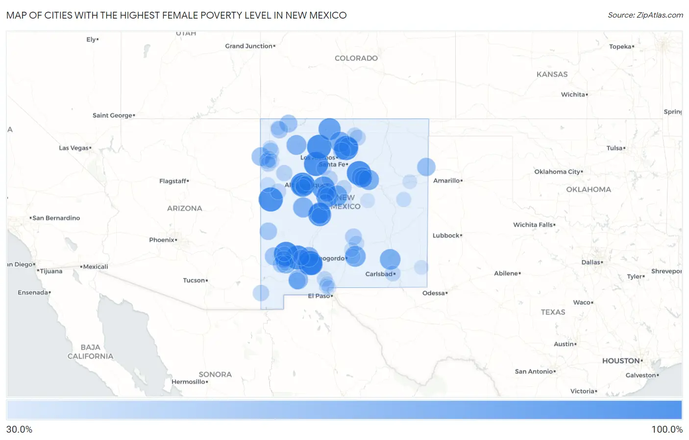 Cities with the Highest Female Poverty Level in New Mexico Map