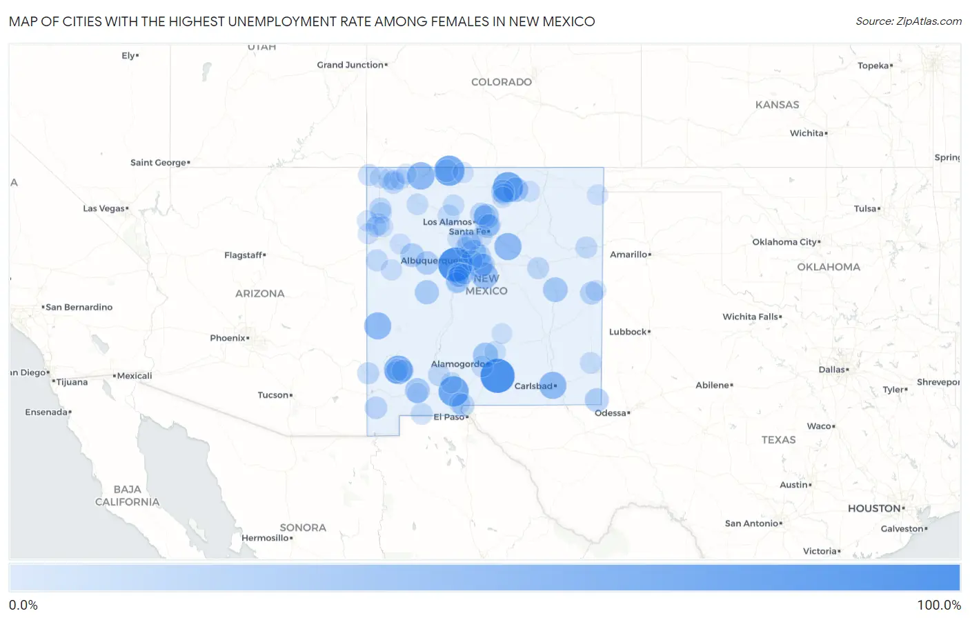 Cities with the Highest Unemployment Rate Among Females in New Mexico Map