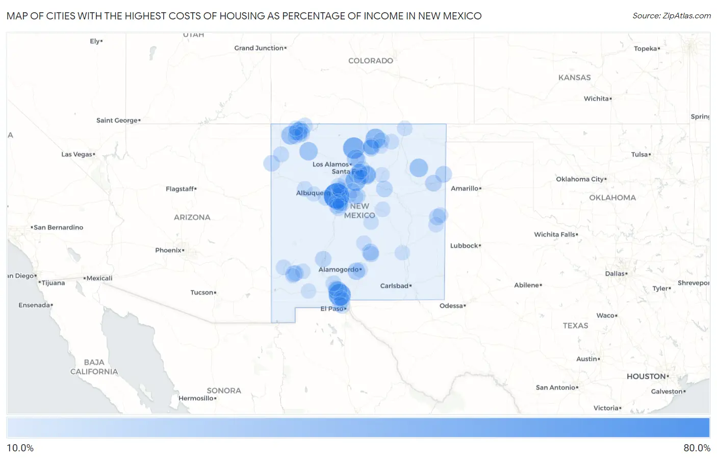 Cities with the Highest Costs of Housing as Percentage of Income in New Mexico Map
