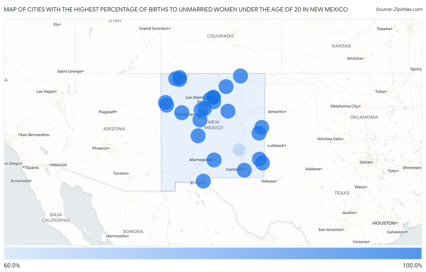 Cities with the Highest Percentage of Births to Unmarried Women under the Age of 20 in New Mexico Map