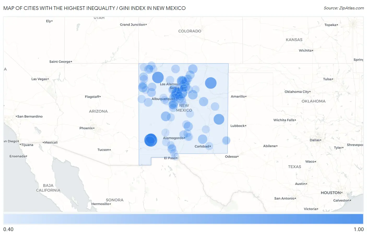 Cities with the Highest Inequality / Gini Index in New Mexico Map