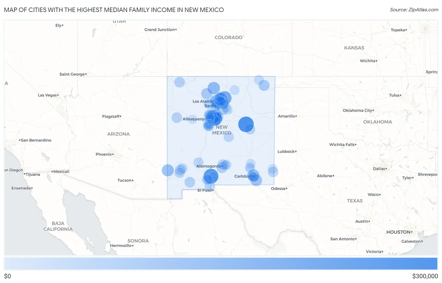 Cities with the Highest Median Family Income in New Mexico Map