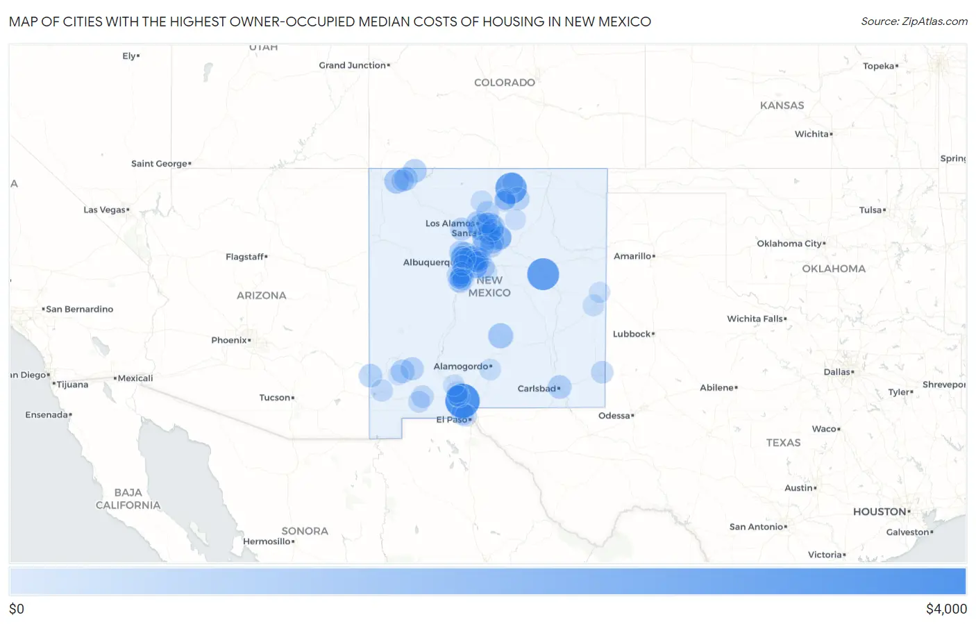 Cities with the Highest Owner-Occupied Median Costs of Housing in New Mexico Map