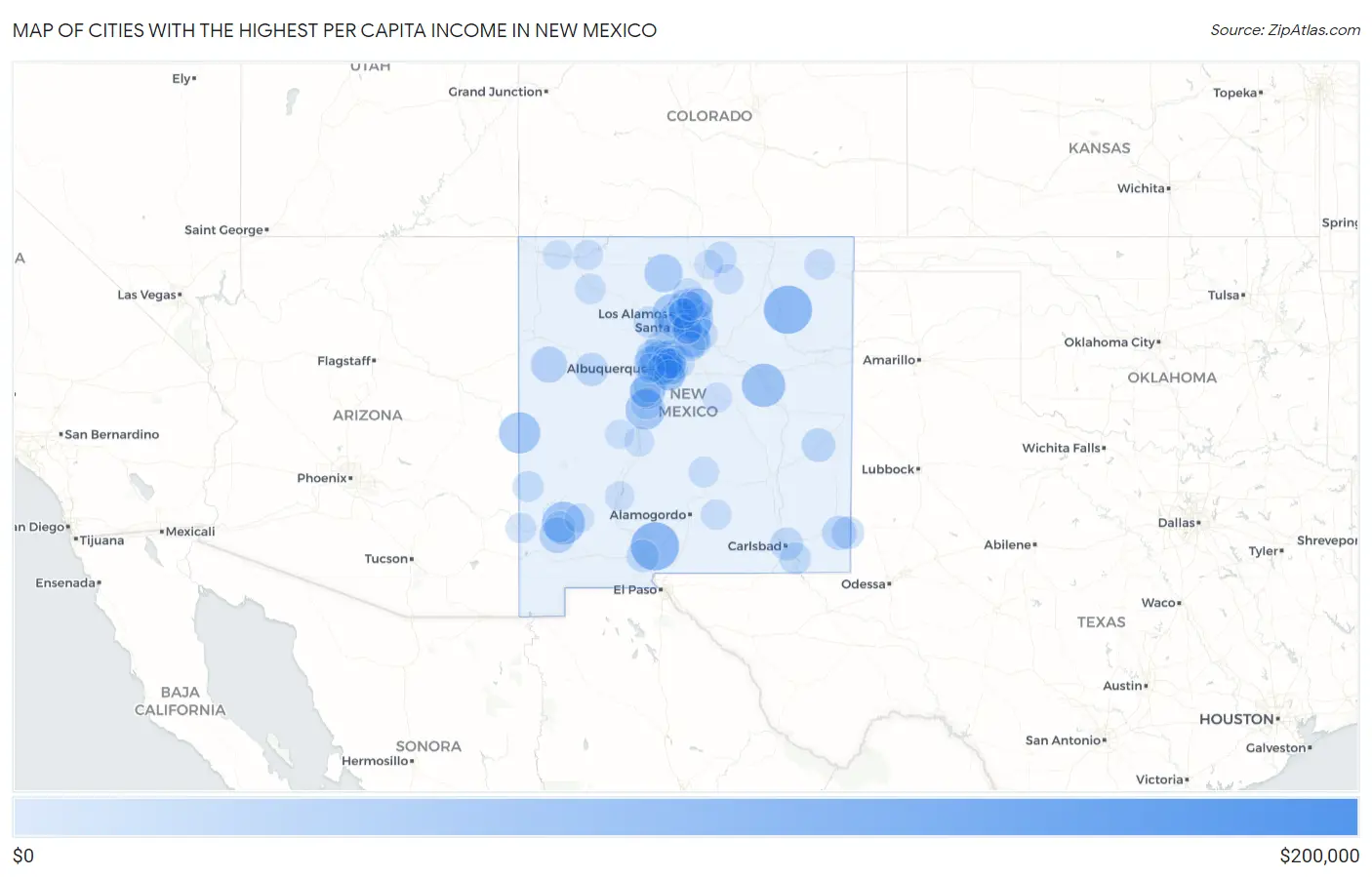 Cities with the Highest Per Capita Income in New Mexico Map