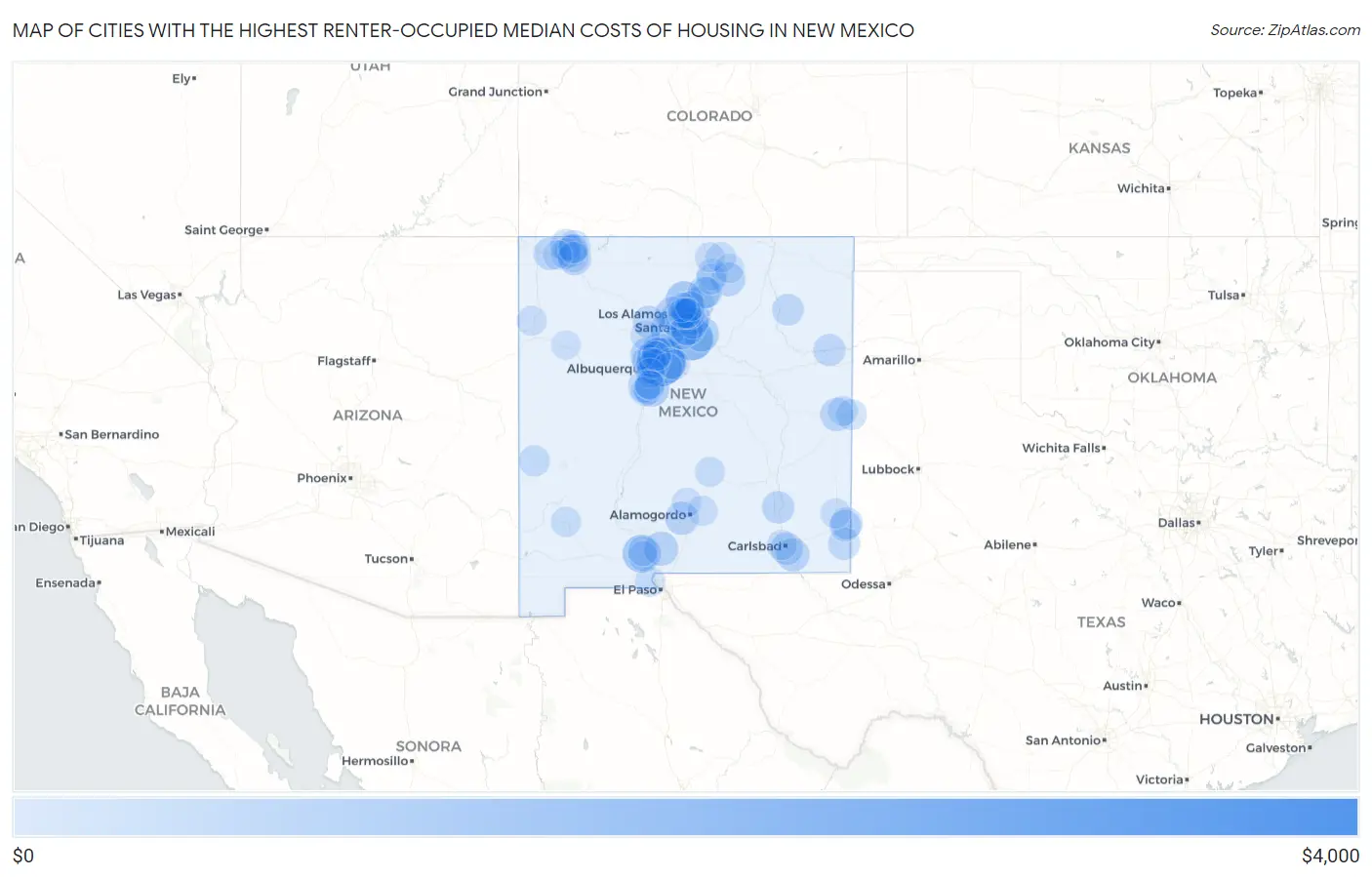 Cities with the Highest Renter-Occupied Median Costs of Housing in New Mexico Map