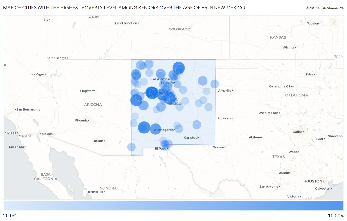 Cities with the Highest Poverty Level Among Seniors Over the Age of 65 in New Mexico Map