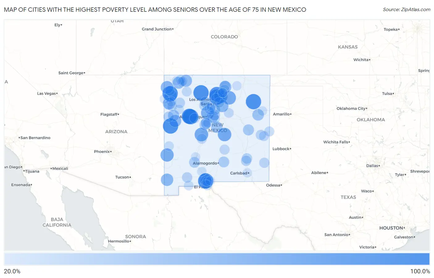 Cities with the Highest Poverty Level Among Seniors Over the Age of 75 in New Mexico Map