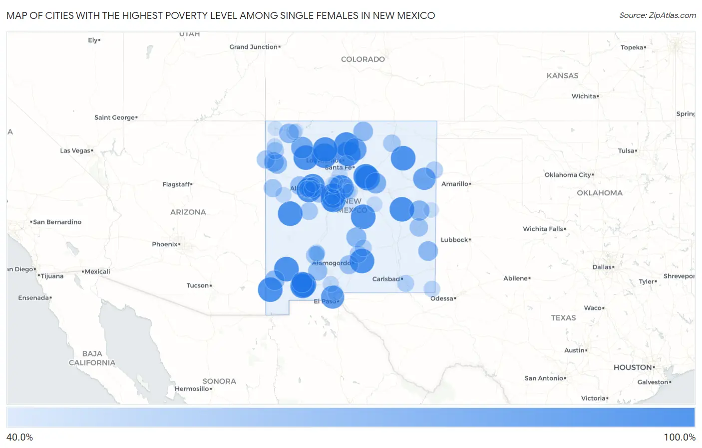 Cities with the Highest Poverty Level Among Single Females in New Mexico Map