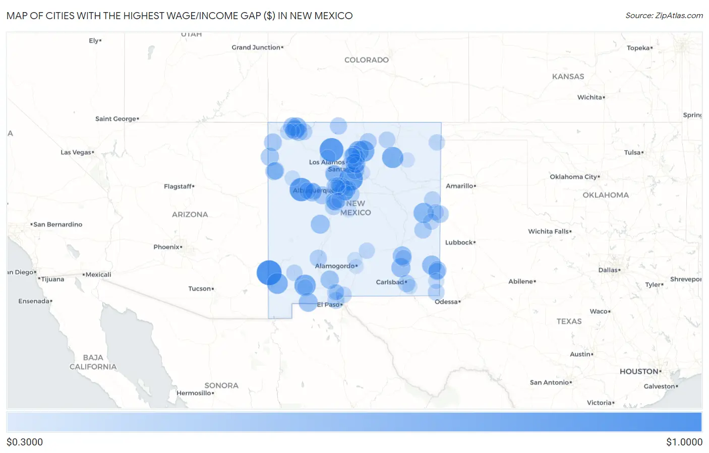 Cities with the Highest Wage/Income Gap ($) in New Mexico Map