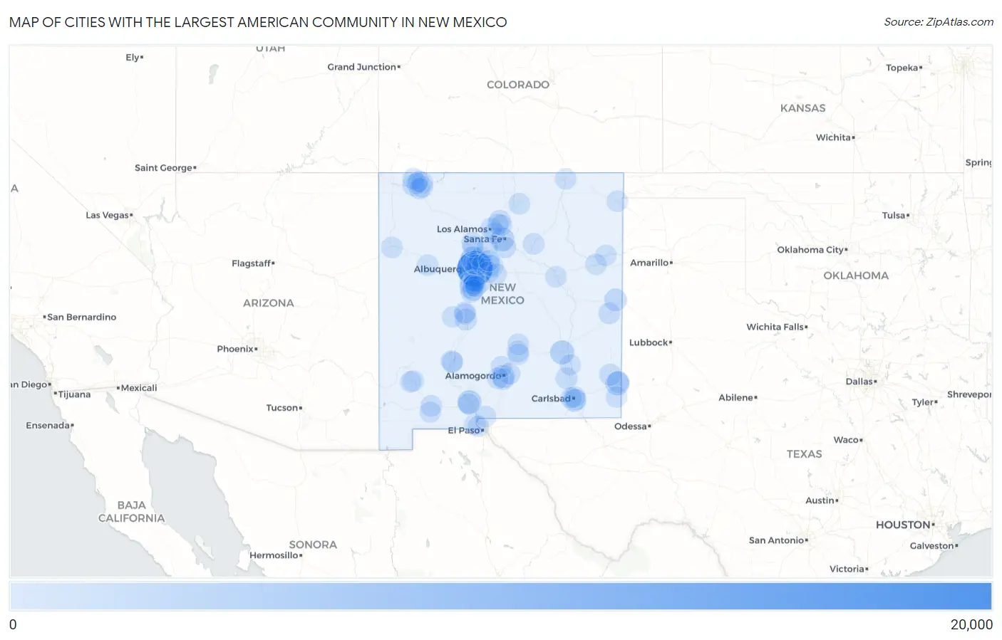 Cities with the Largest American Community in New Mexico Map
