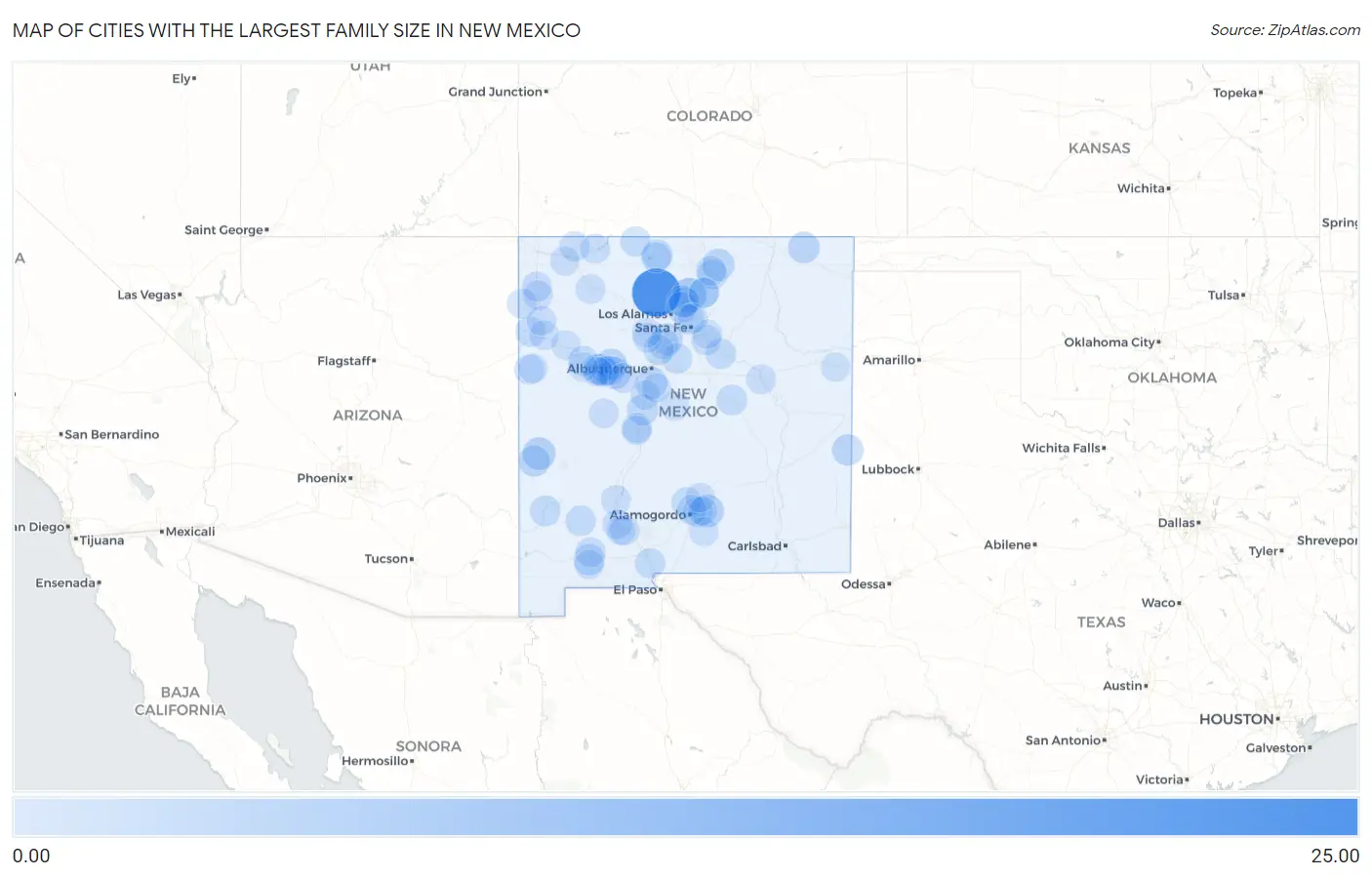 Cities with the Largest Family Size in New Mexico Map