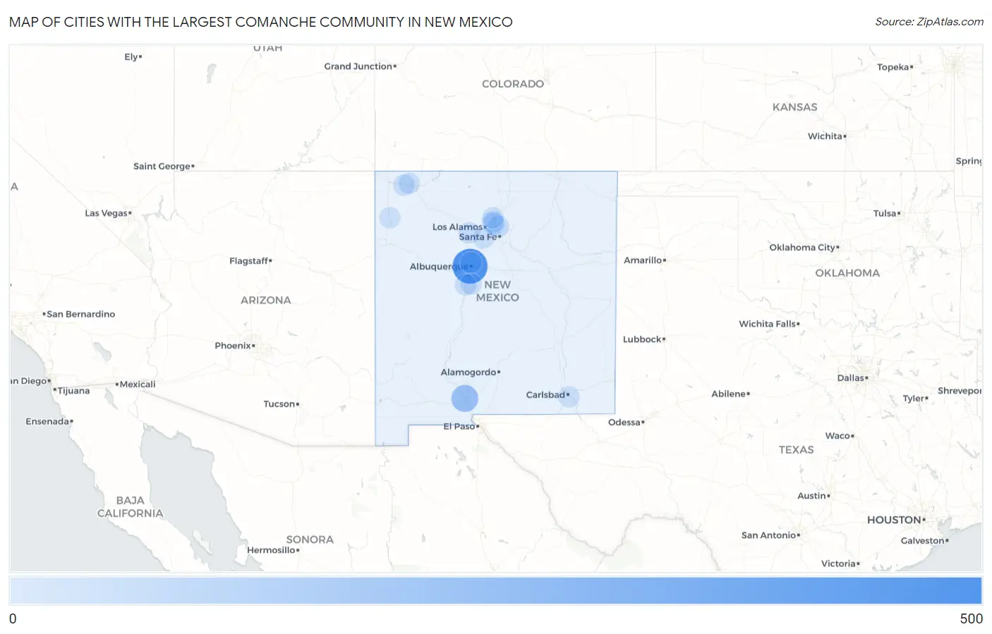 Cities with the Largest Comanche Community in New Mexico Map