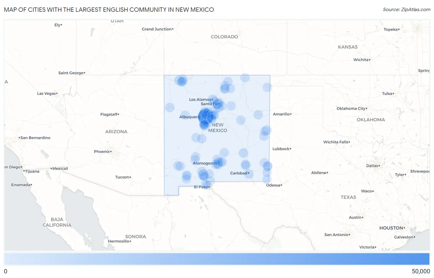 Cities with the Largest English Community in New Mexico Map