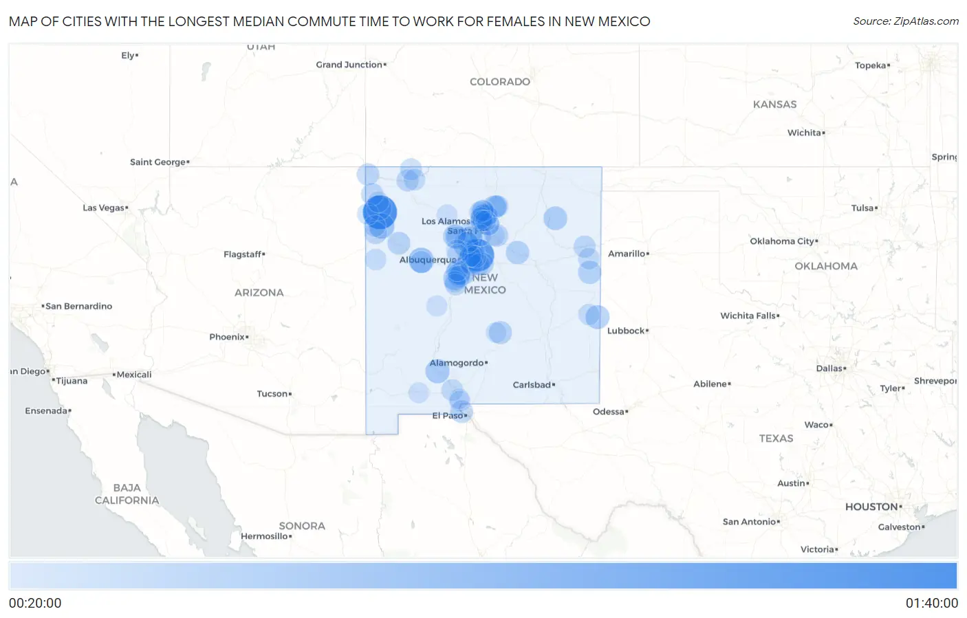 Cities with the Longest Median Commute Time to Work for Females in New Mexico Map