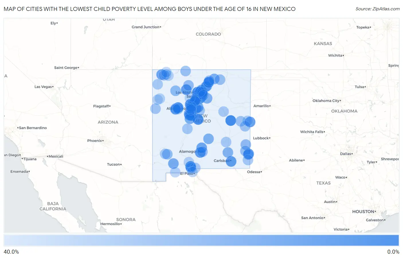Cities with the Lowest Child Poverty Level Among Boys Under the Age of 16 in New Mexico Map