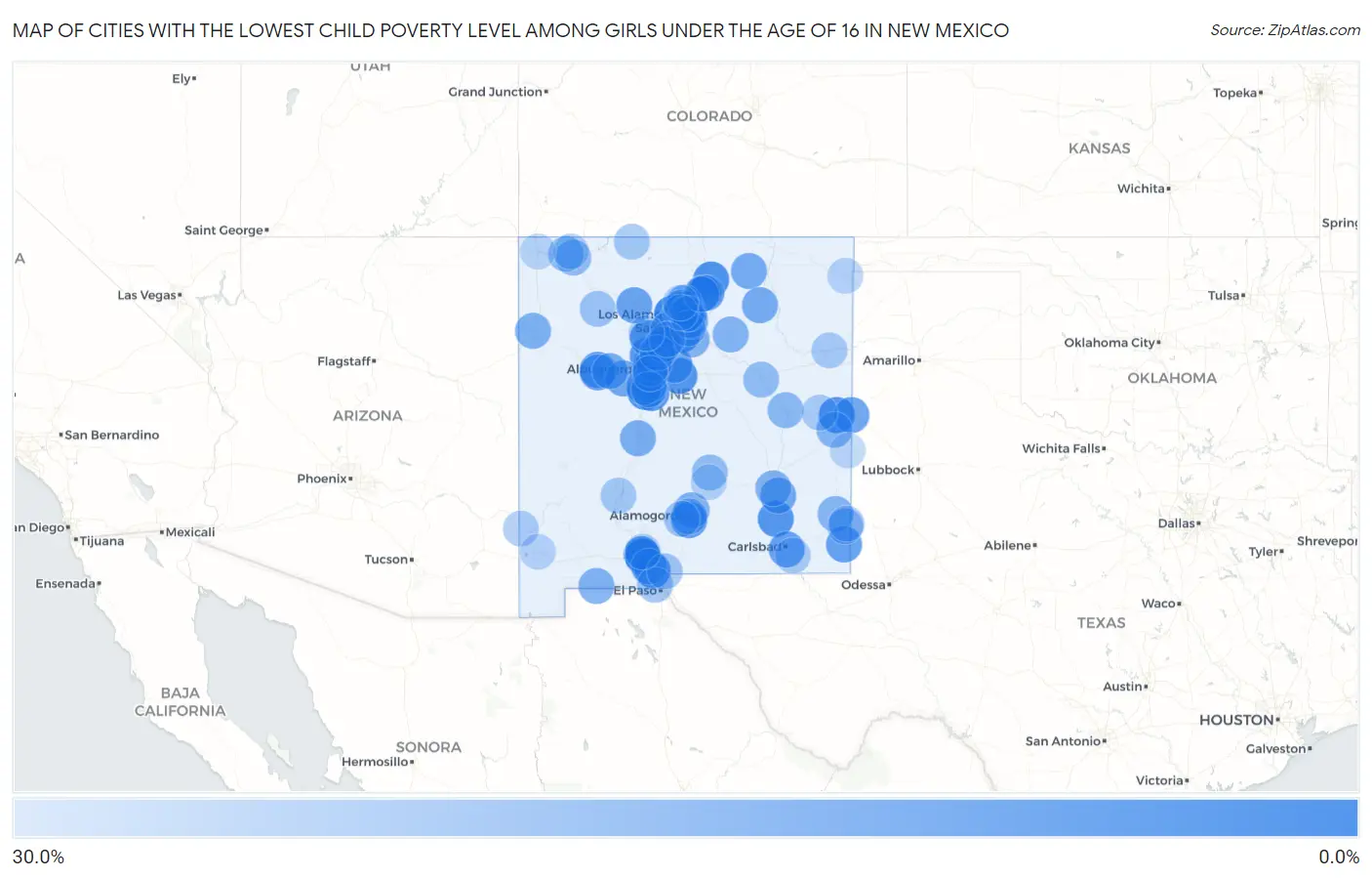 Cities with the Lowest Child Poverty Level Among Girls Under the Age of 16 in New Mexico Map