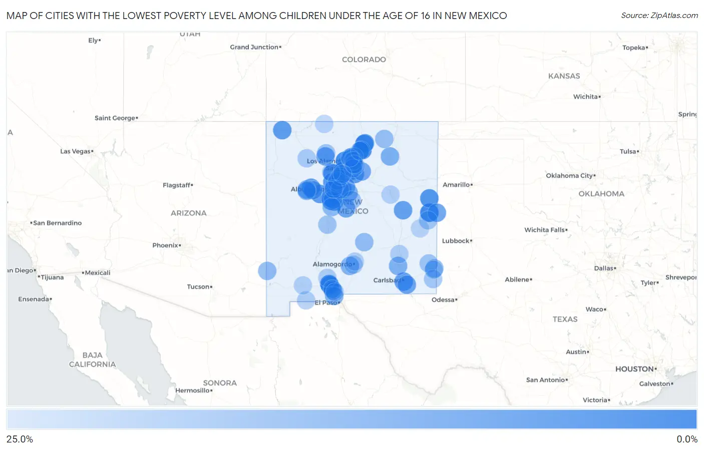 Cities with the Lowest Poverty Level Among Children Under the Age of 16 in New Mexico Map