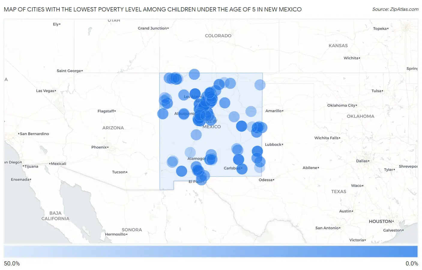 Cities with the Lowest Poverty Level Among Children Under the Age of 5 in New Mexico Map