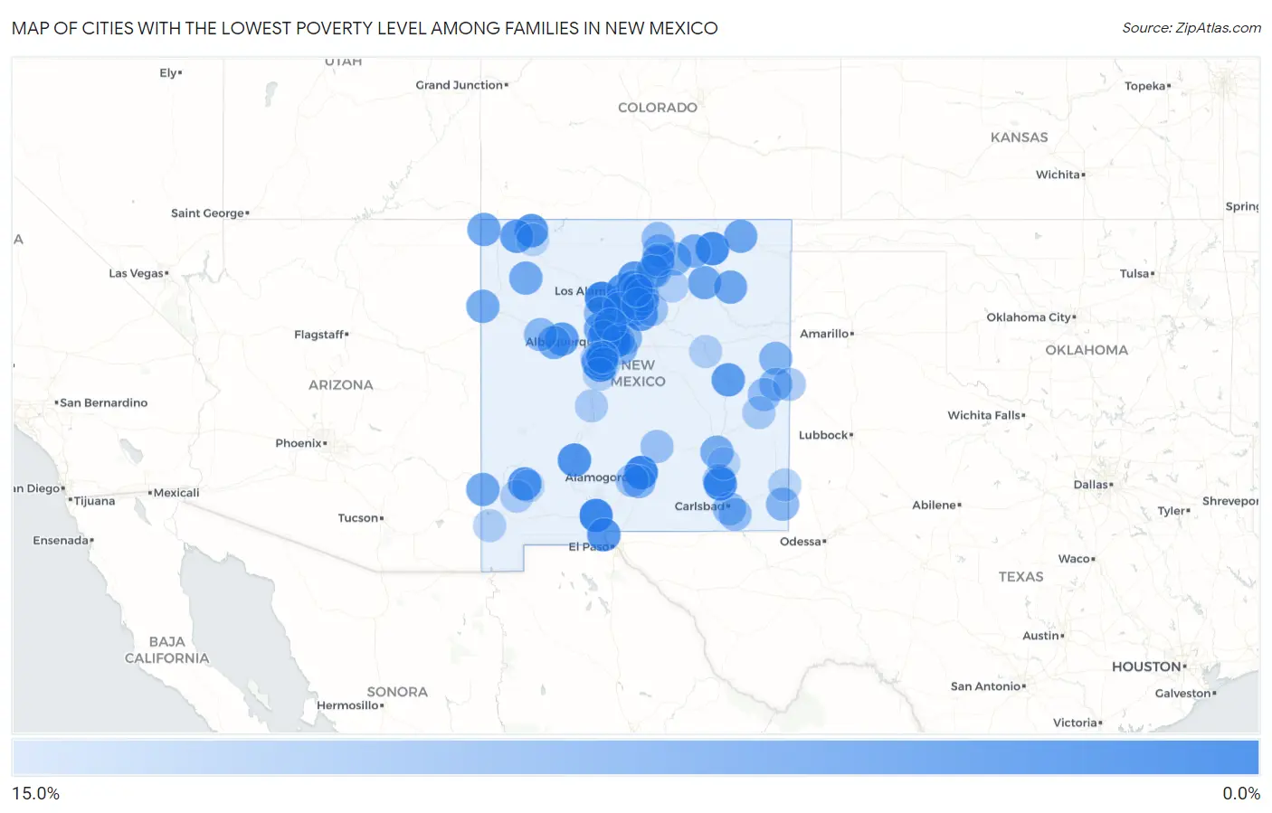 Cities with the Lowest Poverty Level Among Families in New Mexico Map