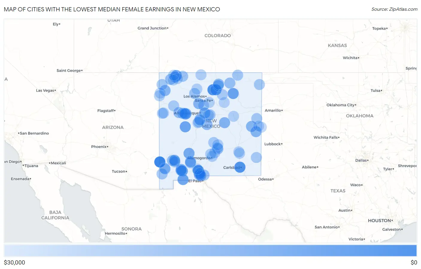 Cities with the Lowest Median Female Earnings in New Mexico Map