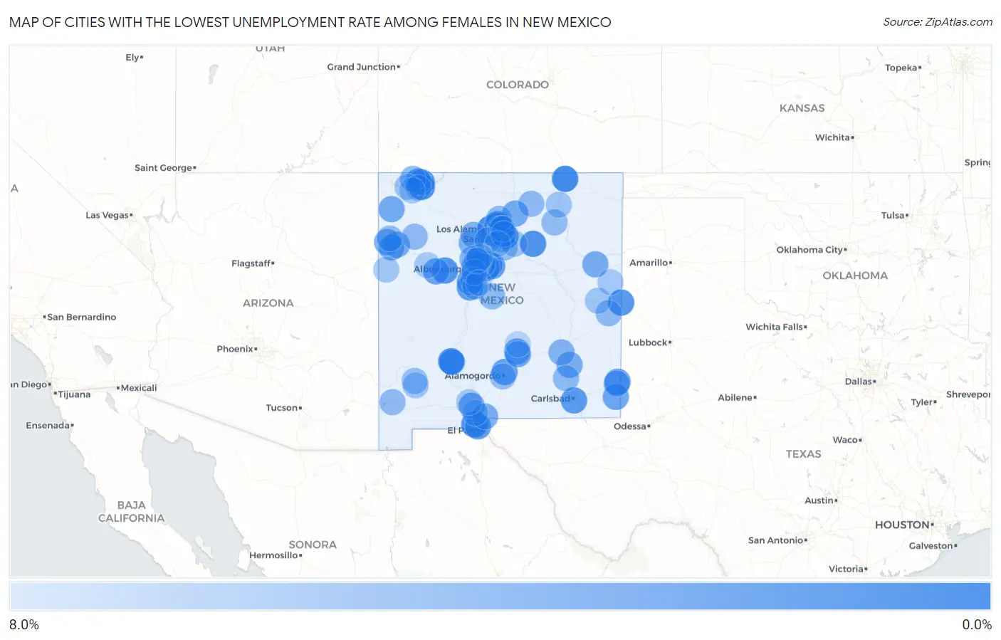 Cities with the Lowest Unemployment Rate Among Females in New Mexico Map
