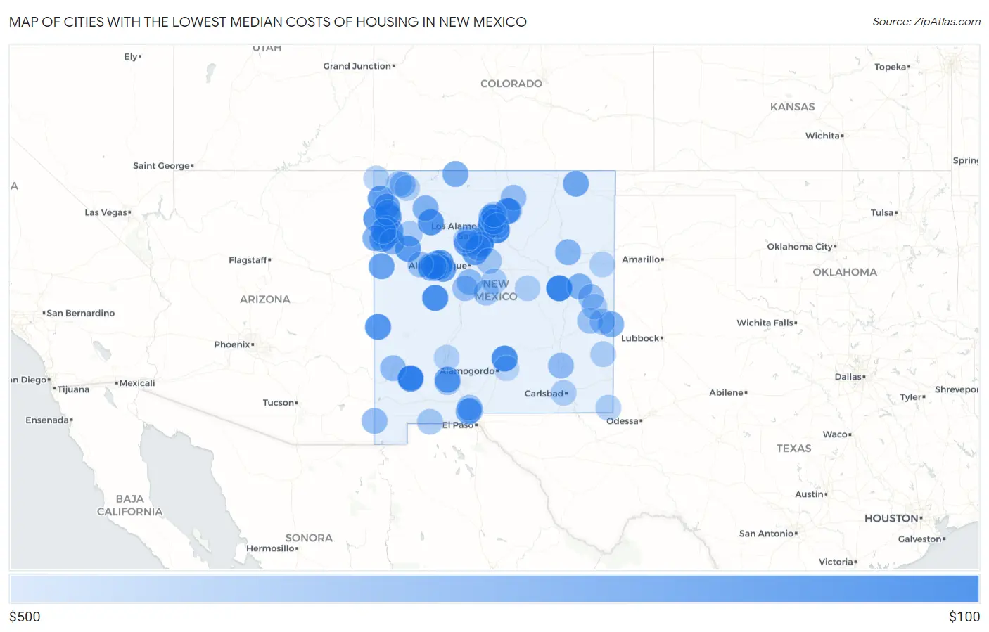 Cities with the Lowest Median Costs of Housing in New Mexico Map