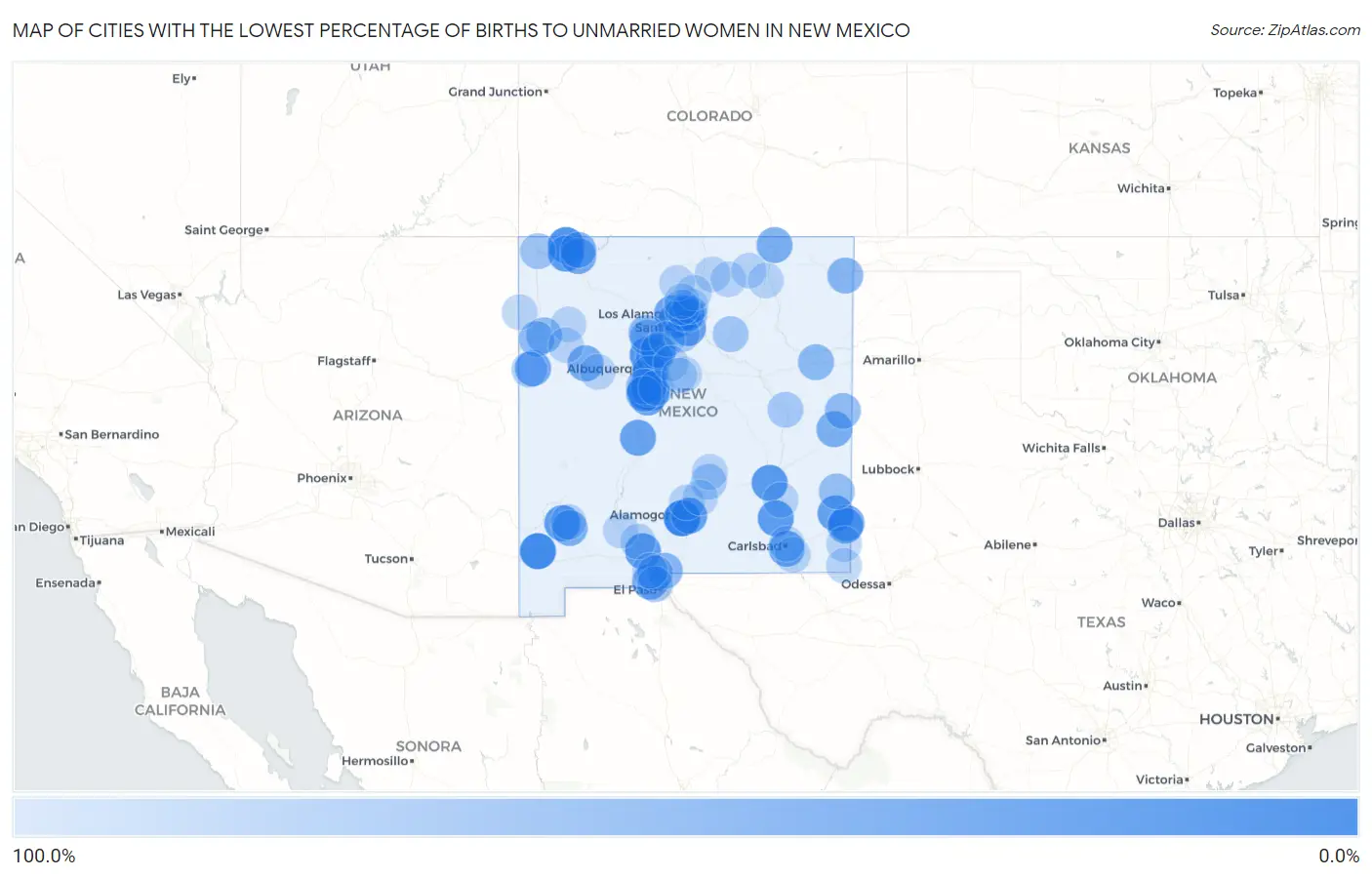 Cities with the Lowest Percentage of Births to Unmarried Women in New Mexico Map