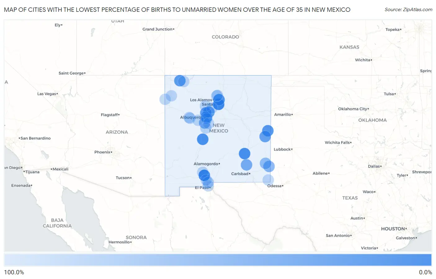 Cities with the Lowest Percentage of Births to Unmarried Women over the Age of 35 in New Mexico Map