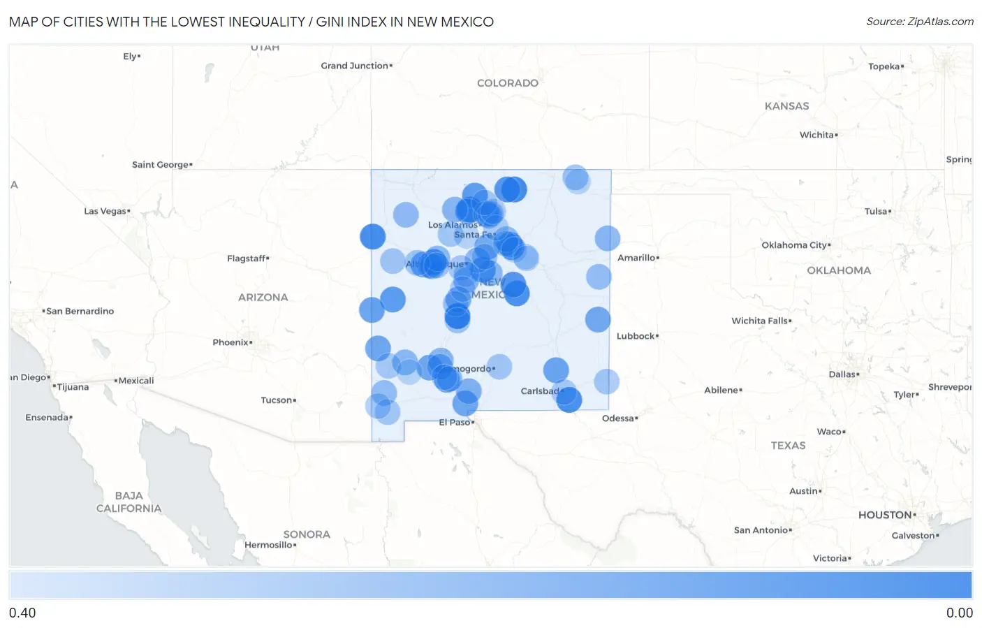Cities with the Lowest Inequality / Gini Index in New Mexico Map