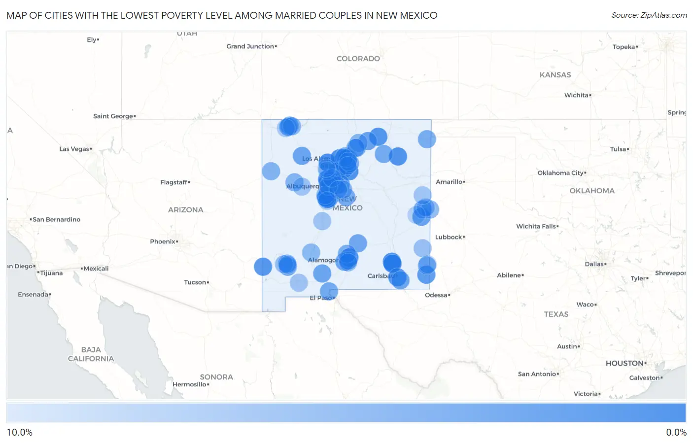 Cities with the Lowest Poverty Level Among Married Couples in New Mexico Map