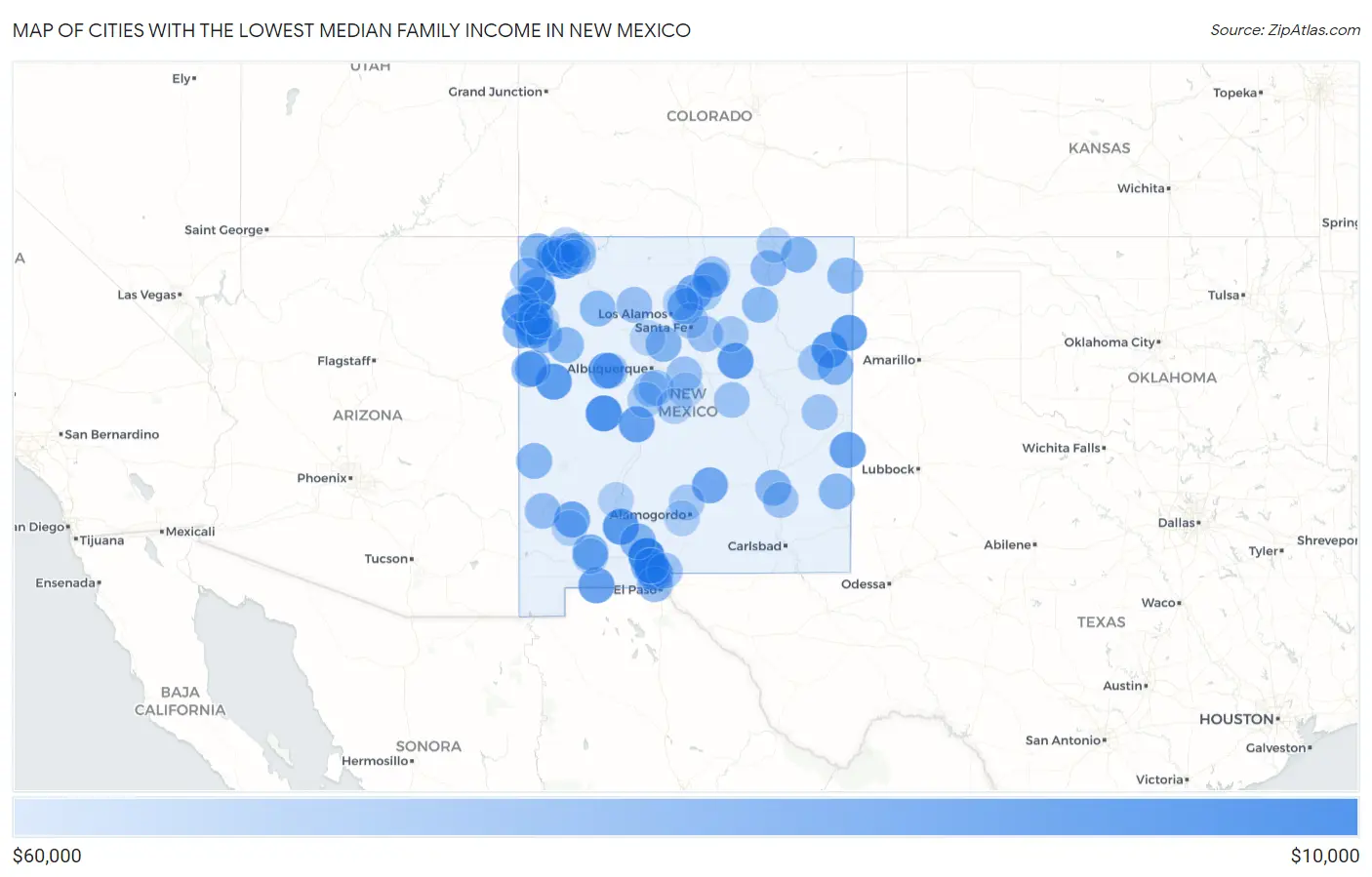Cities with the Lowest Median Family Income in New Mexico Map