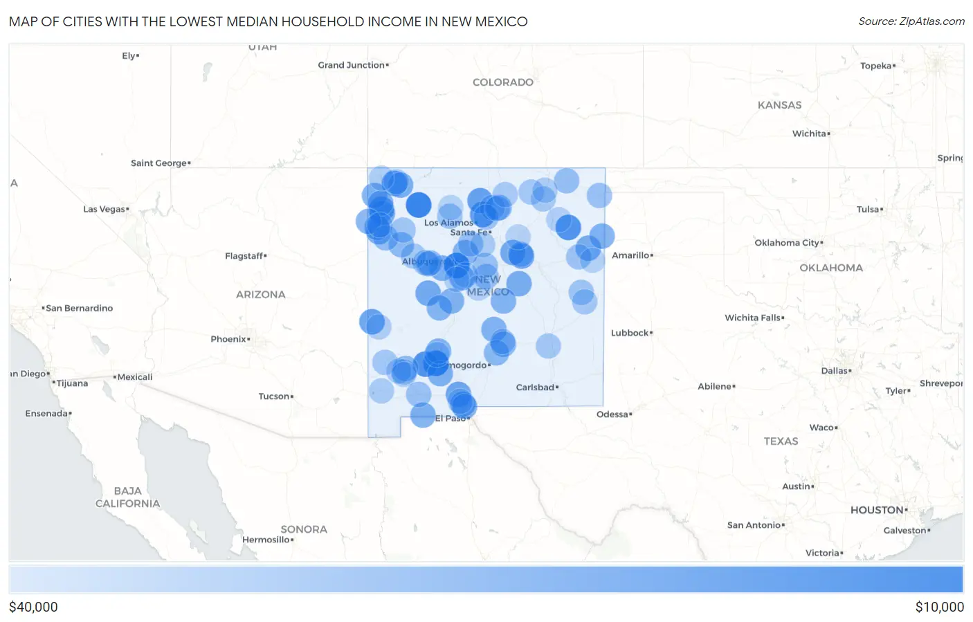Cities with the Lowest Median Household Income in New Mexico Map