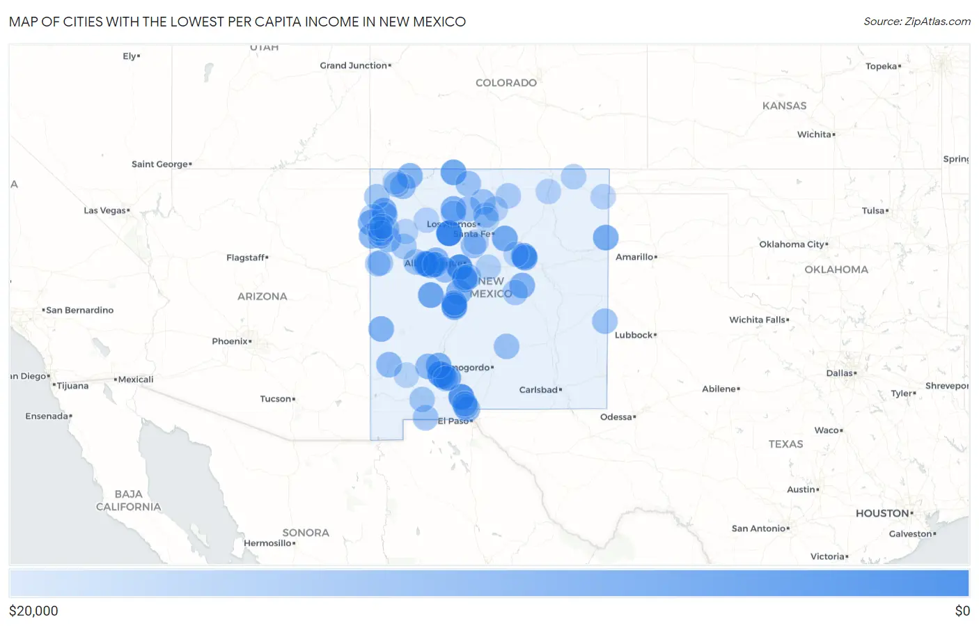 Cities with the Lowest Per Capita Income in New Mexico Map