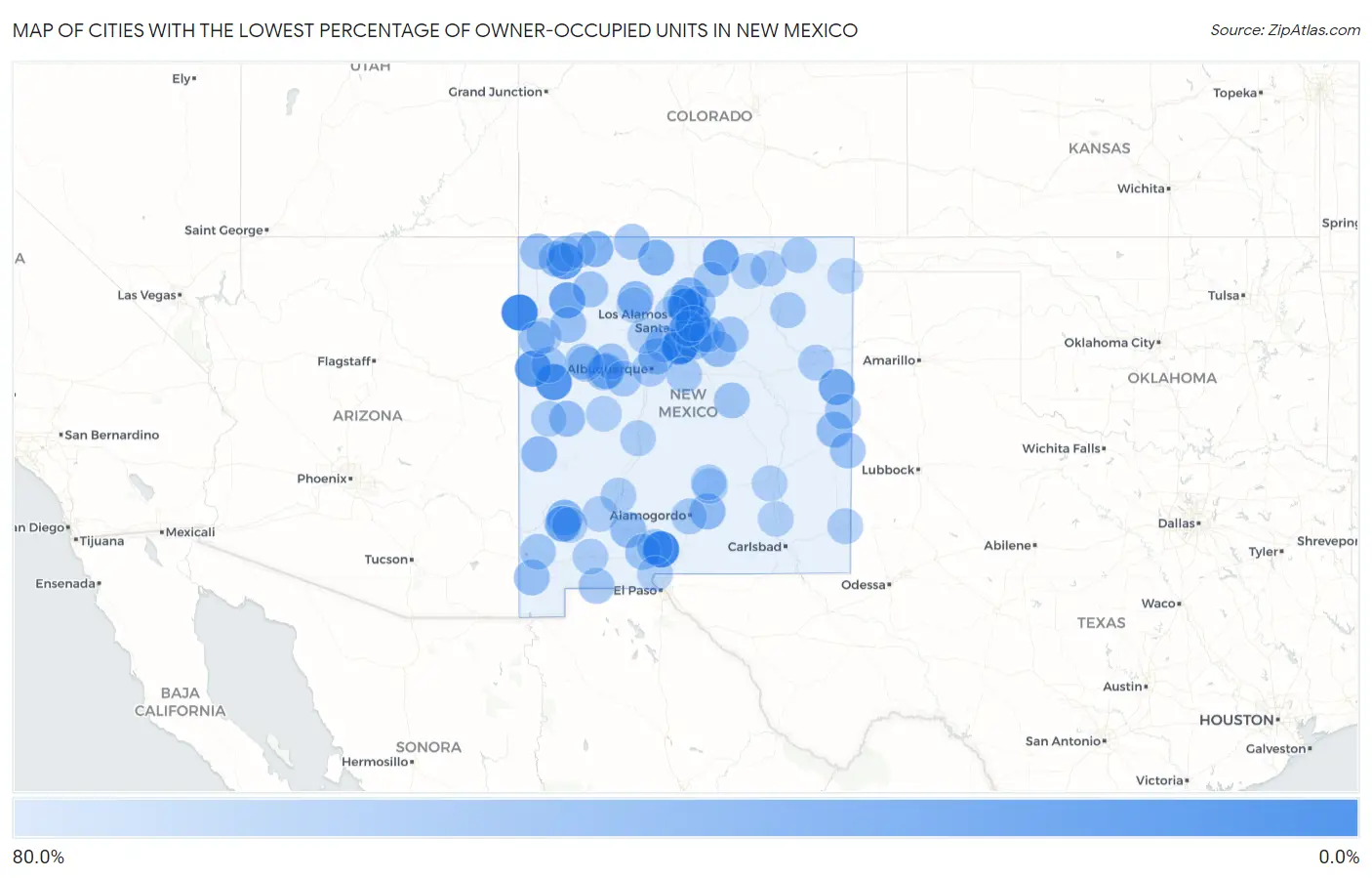 Cities with the Lowest Percentage of Owner-Occupied Units in New Mexico Map