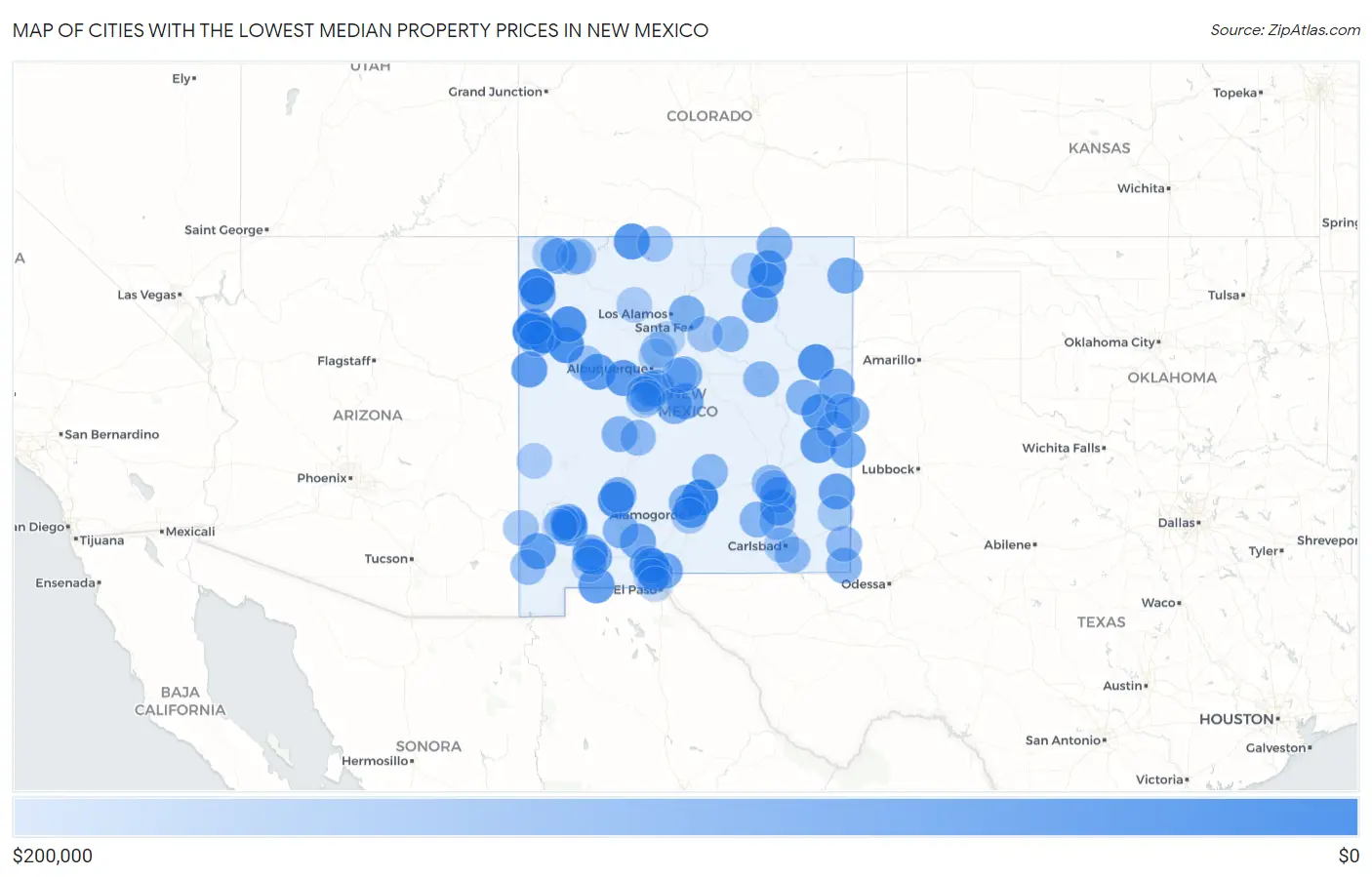 Cities with the Lowest Median Property Prices in New Mexico Map