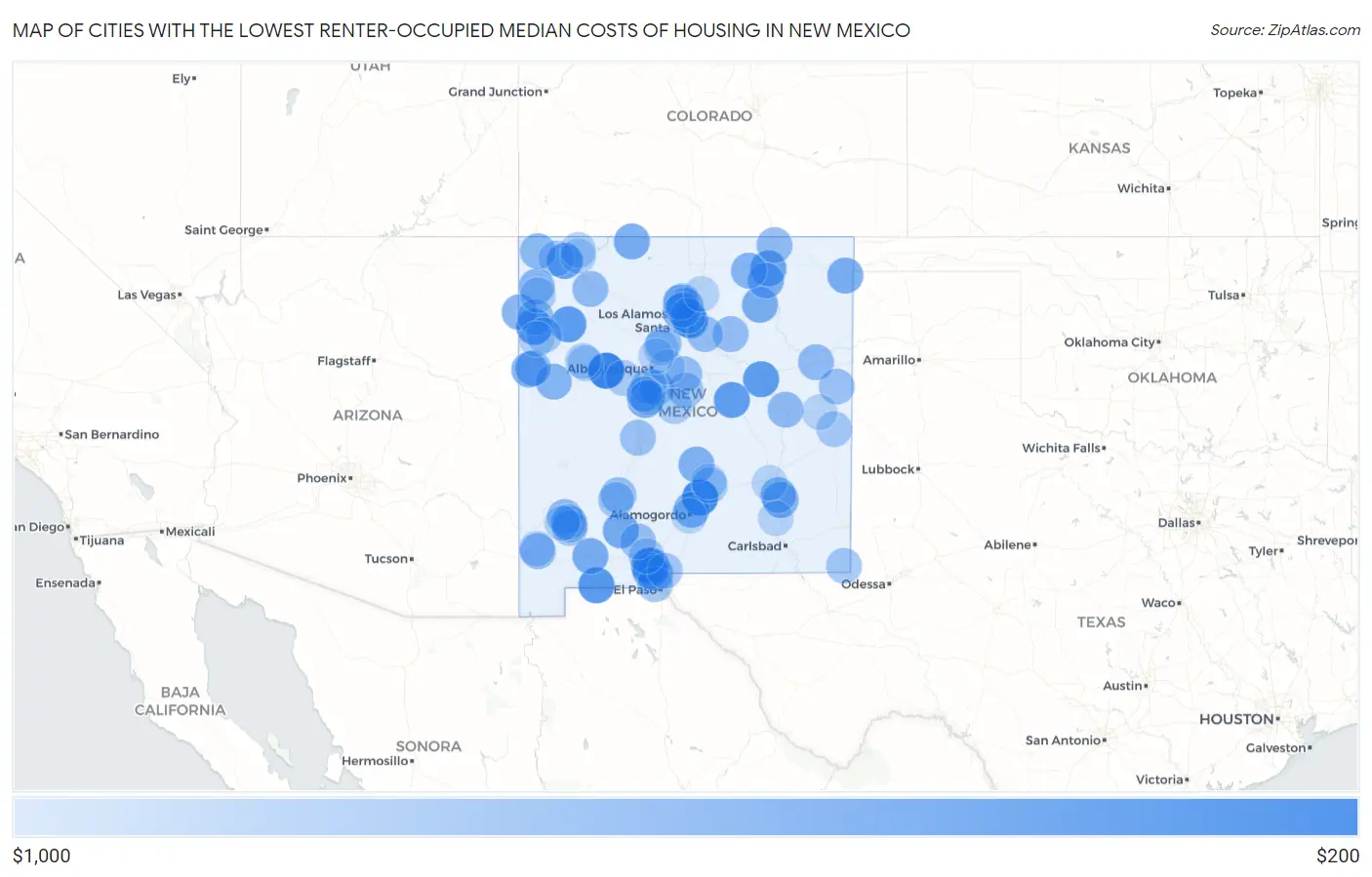 Cities with the Lowest Renter-Occupied Median Costs of Housing in New Mexico Map